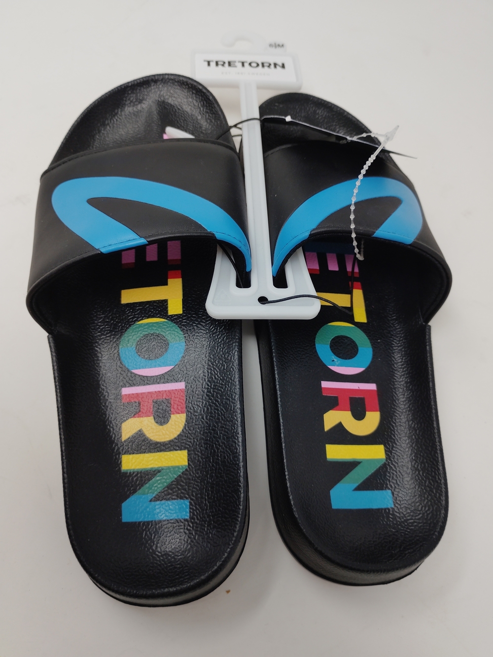 Tretorn Tragant Black Slide Sandals Women's Size 6.5Multi Color Rainbow Logo NWT